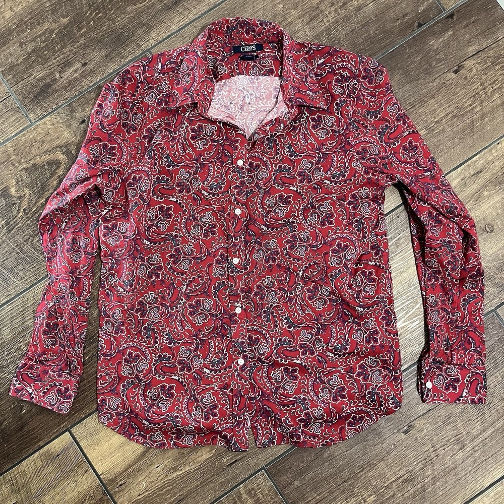 Chaps Button Up Shirt Womens Large Red Paisley No Iron Long Sleeve Blouse Top - Picture 5 of 10